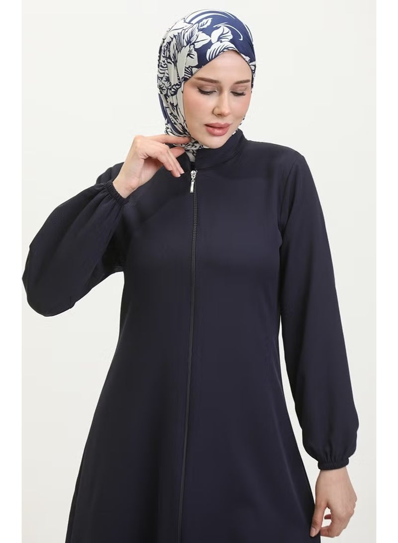 Sefa Merve عباءة بسيطة بسحاب وأكمام مرنة 1013-03 أزرق داكن - Image 3